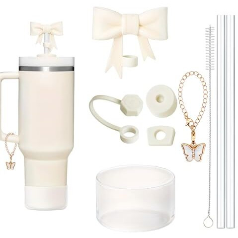 Hasthip For Stanley Cup Accessories & Charm Kit Set Of 9Pcs Fashion Straw Accessories Kit Cute Bow Straw Cap, 2 Straight Straws, Cleaning Brush, Butterfly Handle Charm, Cup Bottom Sleeve
