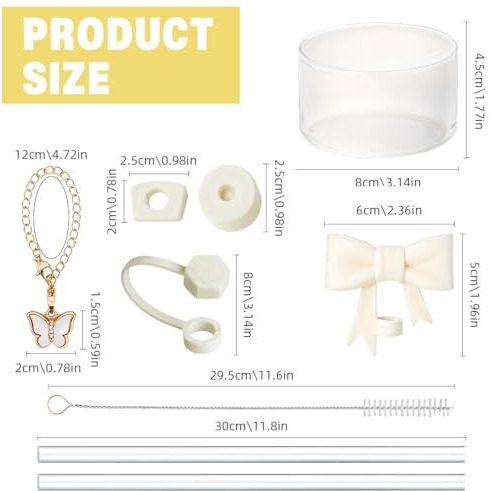 Hasthip For Stanley Cup Accessories & Charm Kit Set Of 9Pcs Fashion Straw Accessories Kit Cute Bow Straw Cap, 2 Straight Straws, Cleaning Brush, Butterfly Handle Charm, Cup Bottom Sleeve