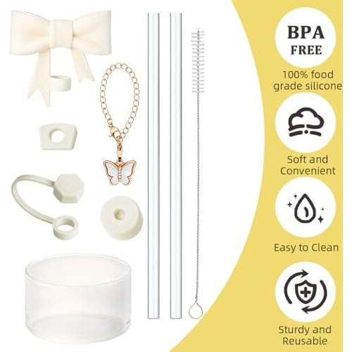 Hasthip For Stanley Cup Accessories & Charm Kit Set Of 9Pcs Fashion Straw Accessories Kit Cute Bow Straw Cap, 2 Straight Straws, Cleaning Brush, Butterfly Handle Charm, Cup Bottom Sleeve