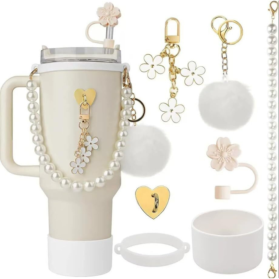 Hasthip For Stanley Cup Accessories & Charm Kit Set Of 7Pcs Stanley Cup Accessories Sakura Silicone Straw Cap,White Pearl Chain Handle,Bottom Sleeve Fashion