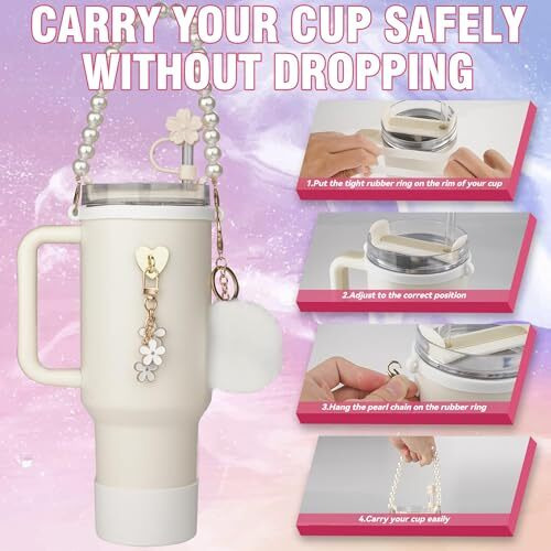 Hasthip For Stanley Cup Accessories & Charm Kit Set Of 7Pcs Stanley Cup Accessories Sakura Silicone Straw Cap,White Pearl Chain Handle,Bottom Sleeve Fashion