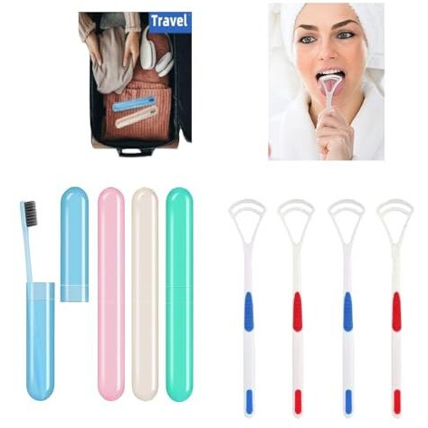 Qonetic 4 Pcs Tongue Cleaner And Toothbrush Cover Case Travel Toothbrush Case Tongue Scrapper, Plastic Brush Holder For Travel Kit, Tooth Brush Holder For Traveling (4 Pcs Tc & Tcc)