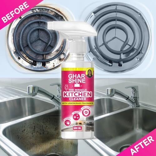 Gharshine Kitchen Cleaner Spray 500Ml With Lemongrass Fragrance | Removes Tough Oils & Grease Stains | Best Home & Chimney Cleaner Spray | Suitable For Countertops, Stoves, Cabinets & Fans | Pk Of 1
