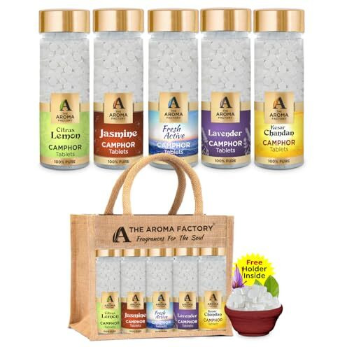 The Aroma Factory Camphor Tablet,Citrus Lemon,Jasmine,Fresh Active,Lavender,Kesar Chandan, Zero Residue Kapoor With Fragrance For Pooja, Aarti Kapur | Bottle Pack Of 5 X 80Gm,With Jute Bag