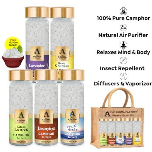 The Aroma Factory Camphor Tablet,Citrus Lemon,Jasmine,Fresh Active,Lavender,Kesar Chandan, Zero Residue Kapoor With Fragrance For Pooja, Aarti Kapur | Bottle Pack Of 5 X 80Gm,With Jute Bag