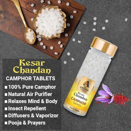 The Aroma Factory Camphor Tablet,Citrus Lemon,Jasmine,Fresh Active,Lavender,Kesar Chandan, Zero Residue Kapoor With Fragrance For Pooja, Aarti Kapur | Bottle Pack Of 5 X 80Gm,With Jute Bag
