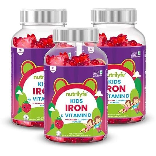 Nutrilyfe | Kids Iron & Vitamin D Gummies | Strawberry Flavored | Promotes Energy, Growth, Immunity And Bone Health | Improves Haemoglobin | Contains Vitamins & Folic Acid | 90 Gummies |
