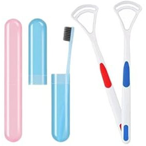 Qonetic 2 Pcs Tongue Cleaner And 2 Pcs Toothbrush Cover Case With Travel Toothbrush Case Tongue Scrapper, Plastic Brush Holder For Travel Kit, Tooth Brush Holder For Traveling (2 Pcs Tc & Tcc)