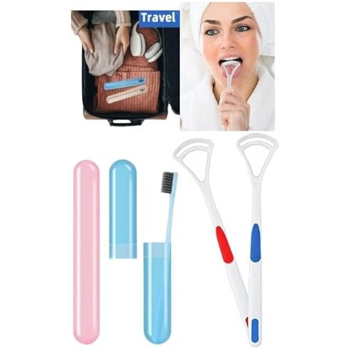 Qonetic 2 Pcs Tongue Cleaner And 2 Pcs Toothbrush Cover Case With Travel Toothbrush Case Tongue Scrapper, Plastic Brush Holder For Travel Kit, Tooth Brush Holder For Traveling (2 Pcs Tc & Tcc)