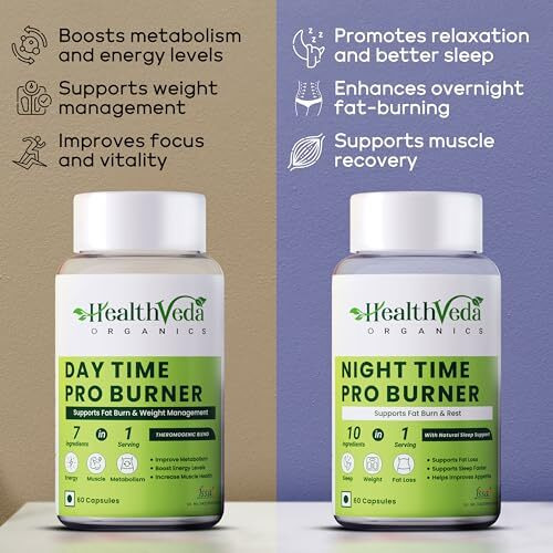 Health Veda Organics Day & Night Fat Burner Capsules For Men & Women | 24-Hour Metabolic Support & Weight Loss Support | 60 Capsules Each Pack