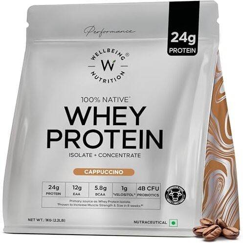 Wellbeing Nutrition Whey Protein Isolate & Concentrate 1Kg Cappuccino | 24G Protein, Clinically Proven Velositol 2X Muscle Protein Synthesis, 4B Cfu Probiotics & Digestive Enzymes, Easy To Digest