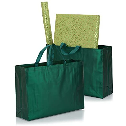Drapme Large Size Pack Of 20 Pcs Matt Metallic Laminated Non-Woven Reusable Eco-Friendly Party Return Gift Bags (Bottle Green) (Large 17X12X5 Inch)