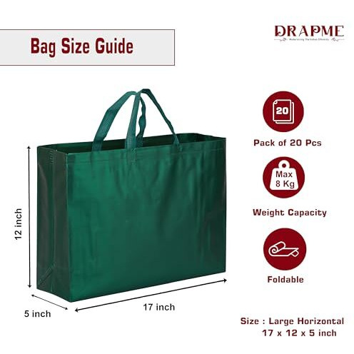 Drapme Large Size Pack Of 20 Pcs Matt Metallic Laminated Non-Woven Reusable Eco-Friendly Party Return Gift Bags (Bottle Green) (Large 17X12X5 Inch)