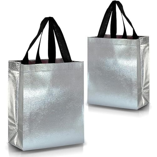 Drapme Extra-Small Size Pack Of 20 Pcs Glossy Metallic Laminated Non-Woven Reusable Eco-Friendly Party Return Gift Bags (Silver) (Extra-Small 6.75X9X3 Inch)