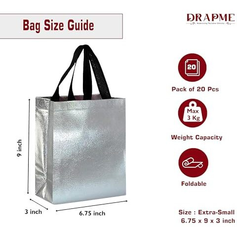 Drapme Extra-Small Size Pack Of 20 Pcs Glossy Metallic Laminated Non-Woven Reusable Eco-Friendly Party Return Gift Bags (Silver) (Extra-Small 6.75X9X3 Inch)