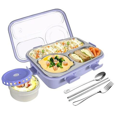 Tec Tavakkal Lunch Box 3 Compartment Leak-Proof Bpa Free Stainless Steel, Lunch Box For Kids, Lunch Box For School & Office With A Fork, A Spoon And A Pair Of Chopsticks (Purple), 750 Ml