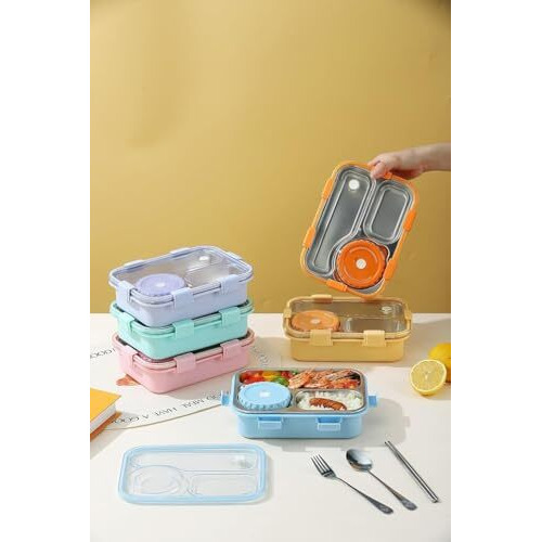 Tec Tavakkal Lunch Box 3 Compartment Leak-Proof Bpa Free Stainless Steel, Lunch Box For Kids, Lunch Box For School & Office With A Fork, A Spoon And A Pair Of Chopsticks (Purple), 750 Ml