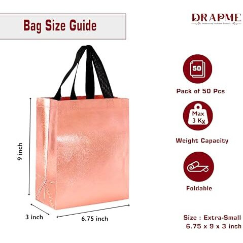 Drapme Extra-Small Size Pack Of 50 Pcs Glossy Metallic Laminated Non-Woven Reusable Eco-Friendly Party Return Gift Bags (Rose Gold) (Extra-Small 6.75X9X3 Inch)
