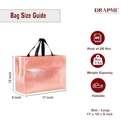 Drapme Large Size Pack Of 20 Pcs Glossy Metallic Laminated Non-Woven Reusable Eco-Friendly Party Return Gift Bags (Rose Gold) (Large 17X12X5 Inch)