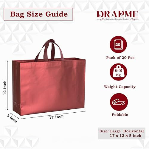 Drapme Large Size Pack Of 20 Pcs Matt Metallic Laminated Non-Woven Reusable Eco-Friendly Party Return Gift Bags (Maroon) (Large 17X12X5 Inch)