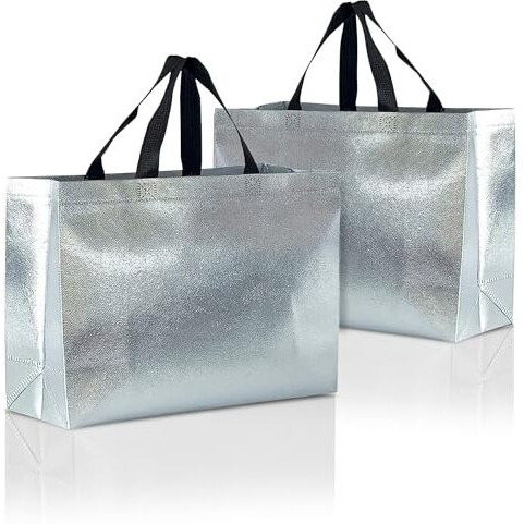 Drapme Large Size Pack Of 30 Pcs Glossy Metallic Laminated Non-Woven Reusable Eco-Friendly Party Return Gift Bags (Silver) (Large 17X12X5 Inch)