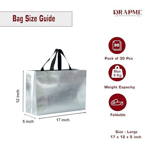 Drapme Large Size Pack Of 30 Pcs Glossy Metallic Laminated Non-Woven Reusable Eco-Friendly Party Return Gift Bags (Silver) (Large 17X12X5 Inch)