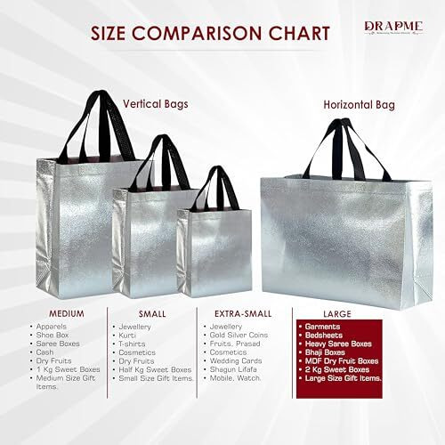 Drapme Large Size Pack Of 30 Pcs Glossy Metallic Laminated Non-Woven Reusable Eco-Friendly Party Return Gift Bags (Silver) (Large 17X12X5 Inch)