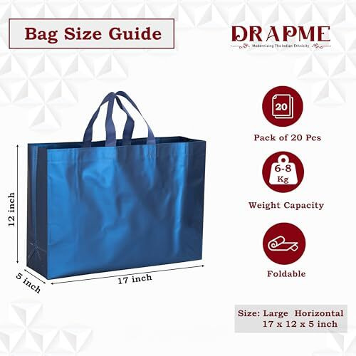 Drapme Large Size Pack Of 20 Pcs Matt Metallic Laminated Non-Woven Reusable Eco-Friendly Party Return Gift Bags (Navy Blue) (Large 17X12X5 Inch)