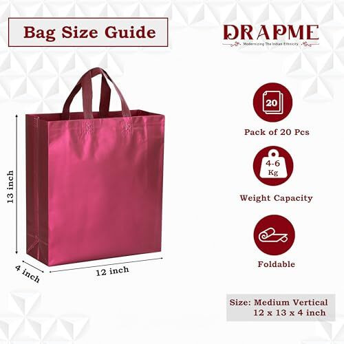 Drapme Medium Size Pack Of 20 Pcs Matt Metallic Laminated Non-Woven Reusable Eco-Friendly Party Return Gift Bags (Wine) (Medium 12X13X4 Inch)