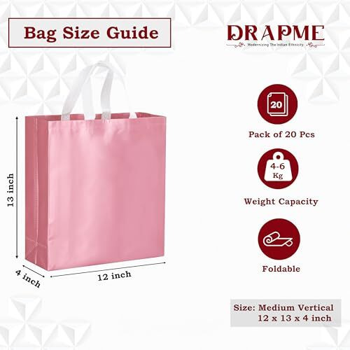 Drapme Medium Size Pack Of 20 Pcs Matt Metallic Laminated Non-Woven Reusable Eco-Friendly Party Return Gift Bags (Flamingo Pink) (Medium 12X13X4 Inch)