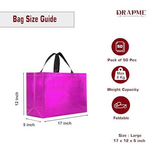 Drapme Large Size Pack Of 50 Pcs Glossy Metallic Laminated Non-Woven Reusable Eco-Friendly Party Return Gift Bags (Hot Pink) (Large 17X12X5 Inch)