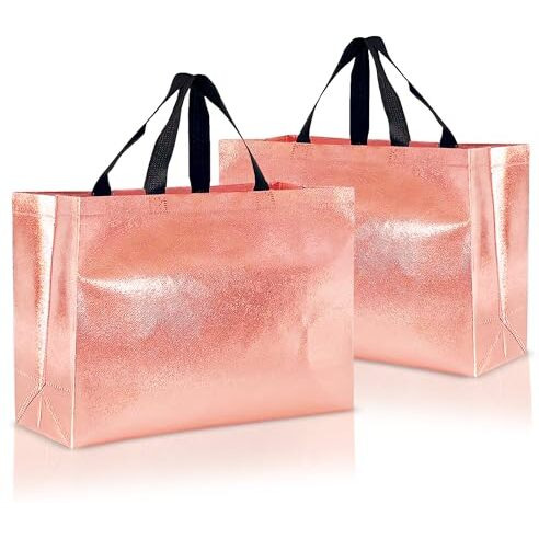 Drapme Large Size Pack Of 5 Pcs Glossy Metallic Laminated Non-Woven Reusable Eco-Friendly Party Return Gift Bags (Rose Gold) (Large 17X12X5 Inch)