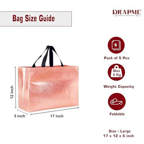 Drapme Large Size Pack Of 5 Pcs Glossy Metallic Laminated Non-Woven Reusable Eco-Friendly Party Return Gift Bags (Rose Gold) (Large 17X12X5 Inch)