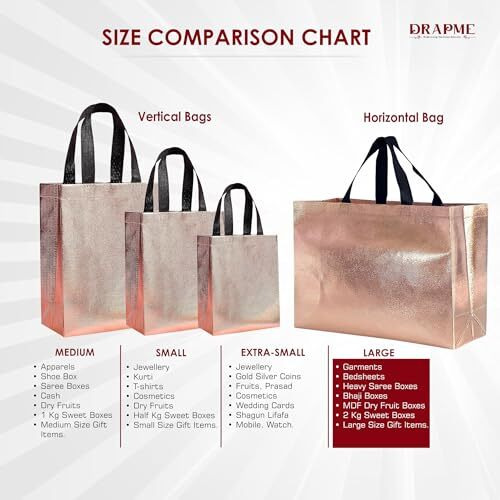 Drapme Large Size Pack Of 5 Pcs Glossy Metallic Laminated Non-Woven Reusable Eco-Friendly Party Return Gift Bags (Rose Gold) (Large 17X12X5 Inch)