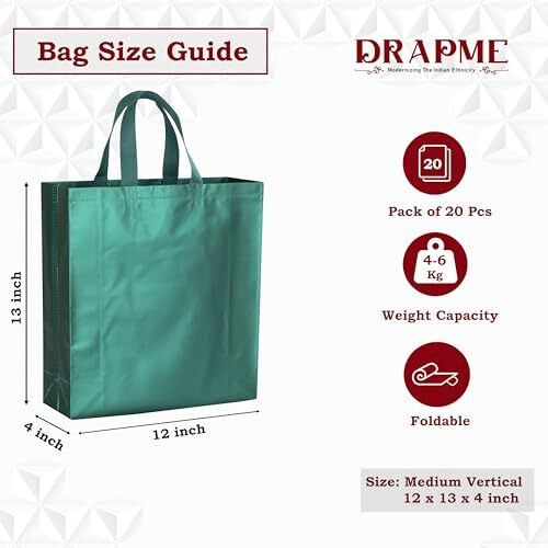 Drapme Medium Size Pack Of 20 Pcs Matt Metallic Laminated Non-Woven Reusable Eco-Friendly Party Return Gift Bags (Bottle Green) (Medium 12X13X4 Inch)