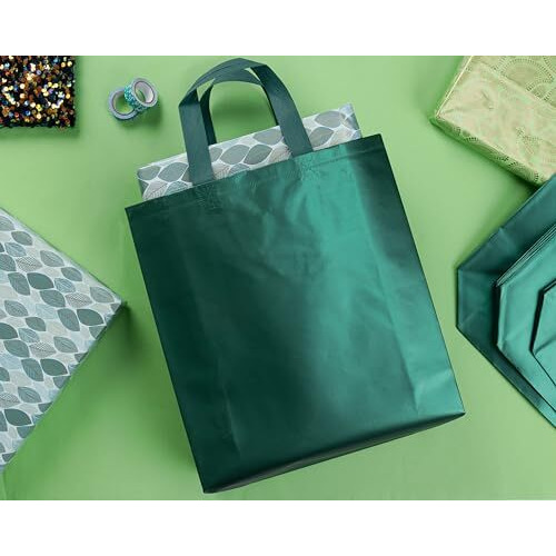Drapme Medium Size Pack Of 20 Pcs Matt Metallic Laminated Non-Woven Reusable Eco-Friendly Party Return Gift Bags (Bottle Green) (Medium 12X13X4 Inch)