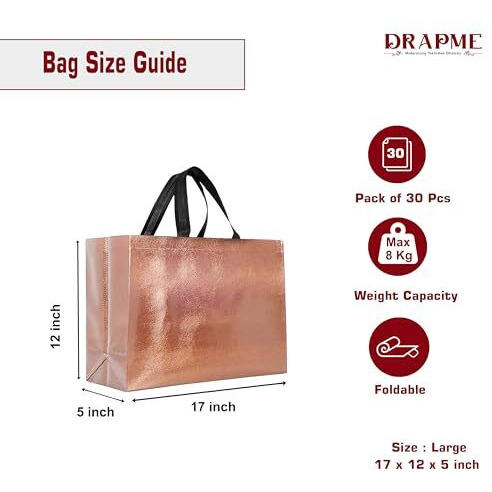 Drapme Large Size Pack Of 30 Pcs Glossy Metallic Laminated Non-Woven Reusable Eco-Friendly Party Return Gift Bags (Copper) (Large 17X12X5 Inch)