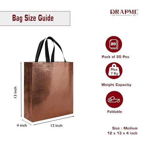 Drapme Medium Size Pack Of 20 Pcs Glossy Metallic Laminated Non-Woven Reusable Eco-Friendly Party Return Gift Bags (Copper) (Medium 12X13X4 Inch)