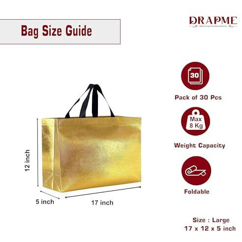 Drapme Large Size Pack Of 30 Pcs Glossy Metallic Laminated Non-Woven Reusable Eco-Friendly Party Return Gift Bags (Golden) (Large 17X12X5 Inch)