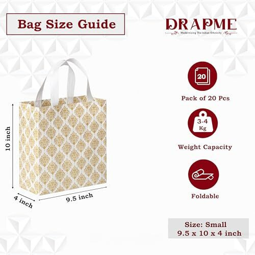 Drapme Festive Special Reusable Non-Woven Laminated Gift Bags, Wedding Gifts, Shagun, Saree, Mithai, Jewellery, Traditional Gifting Carry Bag (Small - 9.5X10X4, White, Pack Of 20)