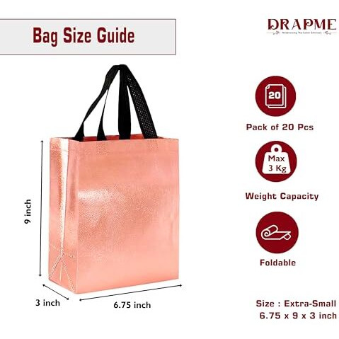 Drapme Extra-Small Size Pack Of 20 Pcs Glossy Metallic Laminated Non-Woven Reusable Eco-Friendly Party Return Gift Bags (Rose Gold) (Extra-Small 6.75X9X3 Inch)