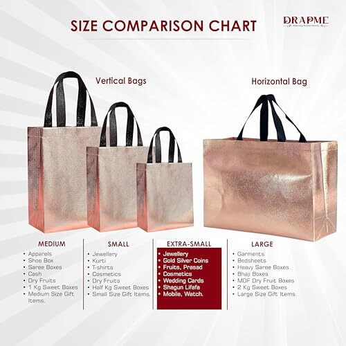 Drapme Extra-Small Size Pack Of 20 Pcs Glossy Metallic Laminated Non-Woven Reusable Eco-Friendly Party Return Gift Bags (Rose Gold) (Extra-Small 6.75X9X3 Inch)