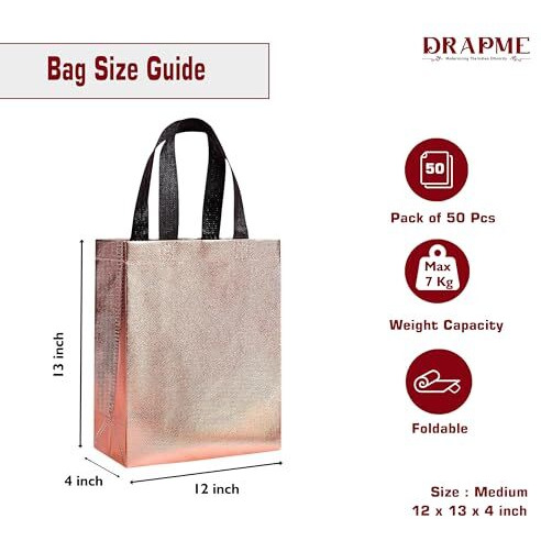 Drapme Medium Size Pack Of 50 Pcs Glossy Metallic Laminated Non-Woven Reusable Eco-Friendly Party Return Gift Bags (Rose Gold) (Medium 12X13X4 Inch)