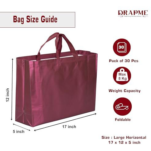 Drapme Large Size Pack Of 30 Pcs Matt Metallic Laminated Non-Woven Reusable Eco-Friendly Party Return Gift Bags (Wine) (Large 17X12X5 Inch)