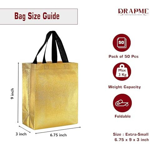 Drapme Extra-Small Size Pack Of 50 Pcs Glossy Metallic Laminated Non-Woven Reusable Eco-Friendly Party Return Gift Bags (Golden) (Extra-Small 6.75X9X3 Inch)