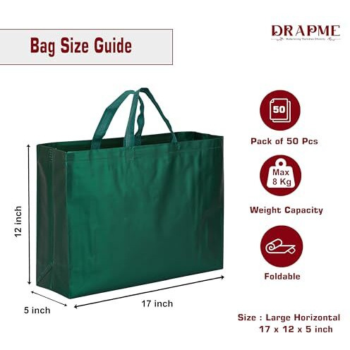 Drapme Large Size Pack Of 50 Pcs Matt Metallic Laminated Non-Woven Reusable Eco-Friendly Party Return Gift Bags (Bottle Green) (Large 17X12X5 Inch)