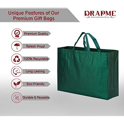 Drapme Large Size Pack Of 50 Pcs Matt Metallic Laminated Non-Woven Reusable Eco-Friendly Party Return Gift Bags (Bottle Green) (Large 17X12X5 Inch)