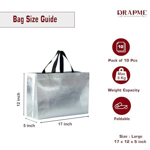 Drapme Large Size Pack Of 10 Pcs Glossy Metallic Laminated Non-Woven Reusable Eco-Friendly Party Return Gift Bags (Silver) (Large 17X12X5 Inch)