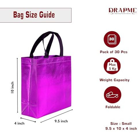Drapme Small Size Pack Of 30 Pcs Glossy Metallic Laminated Non-Woven Reusable Eco-Friendly Party Return Gift Bags (Hot Pink) (Small 9.5X10X4 Inch)