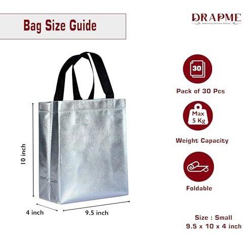 Drapme Small Size Pack Of 30 Pcs Glossy Metallic Laminated Non-Woven Reusable Eco-Friendly Party Return Gift Bags (Silver) (Small 9.5X10X4 Inch)